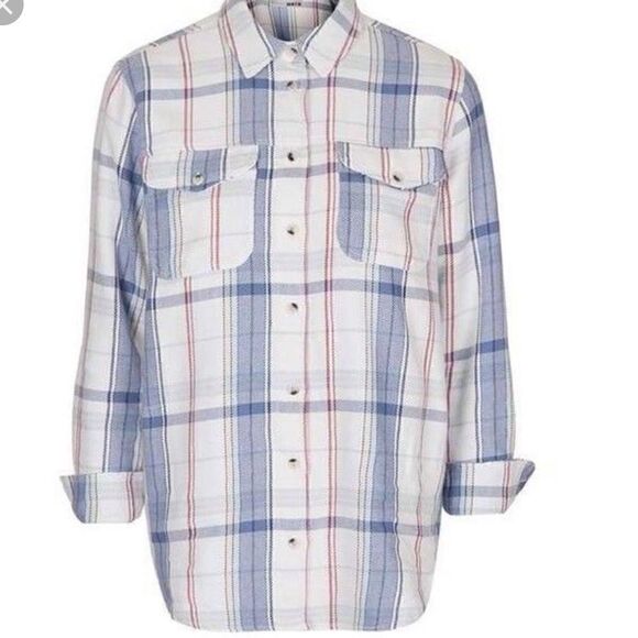 Topshop | Moto Heavy Check White Plaid Button Down Long Sleeve Flannel Shirt | 6 - Picture 1 of 9